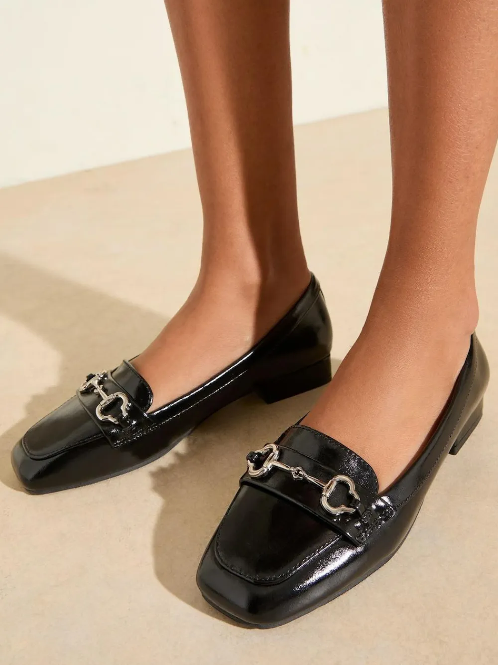 Friends Like These Snaffle Square Toe Low Block Heel Comfort Faux Leather Loafer Shoes^Women Flats