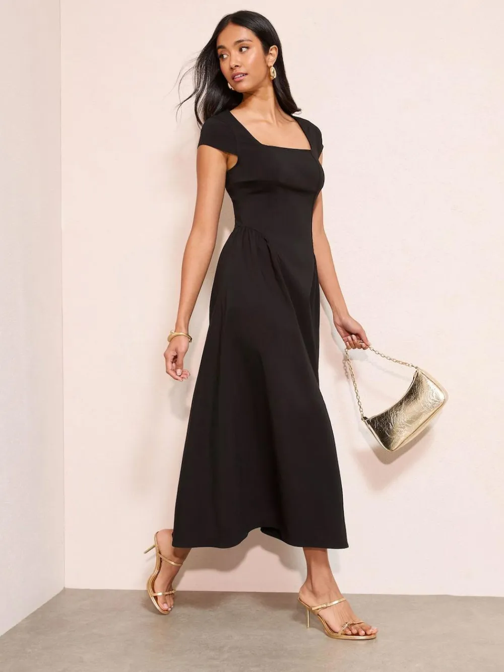 New Friends Like These Square Neck Sculpting Stretch Midaxi Dress Black