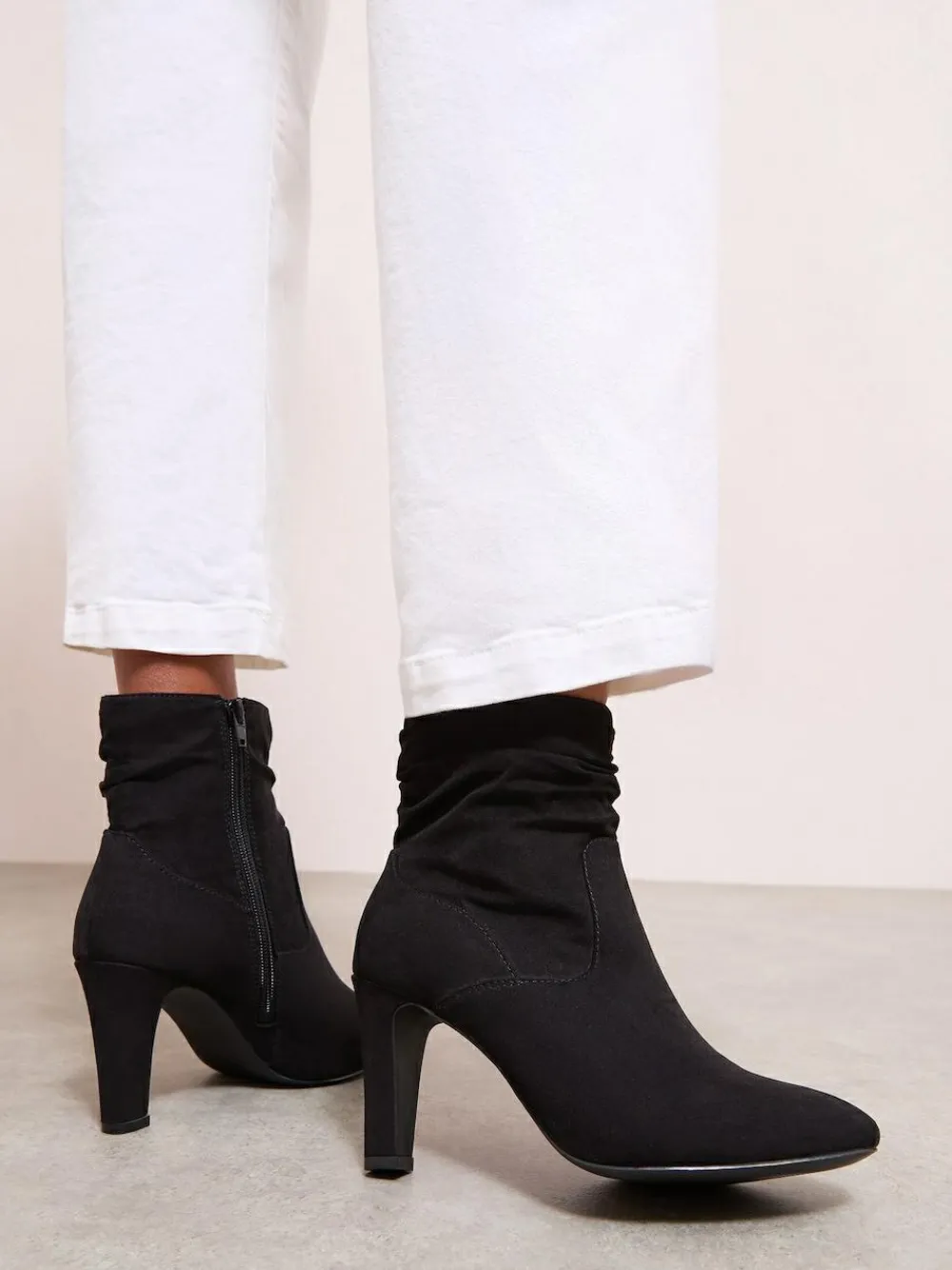 Best Friends Like These Black Mid Heel Ruched Faux Suede Ankle Boots