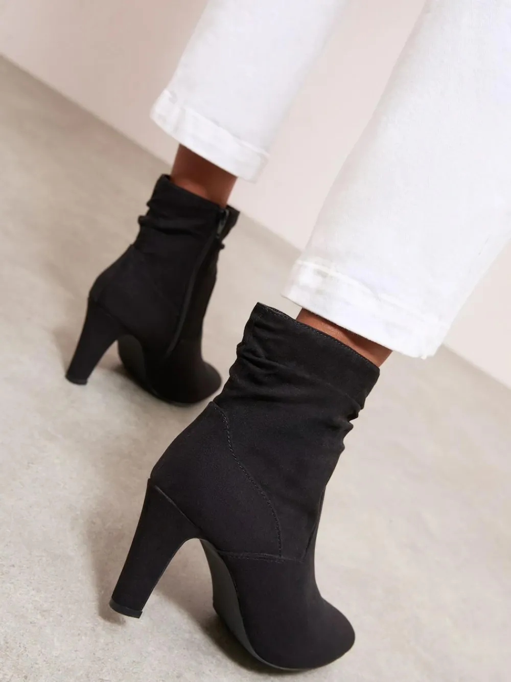 Best Friends Like These Black Mid Heel Ruched Faux Suede Ankle Boots