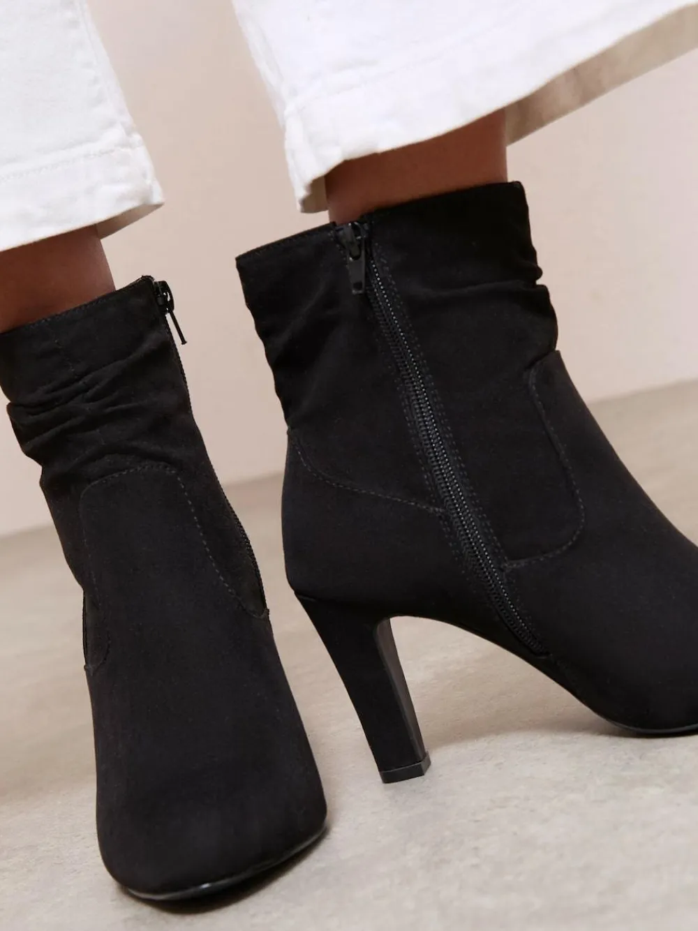 Best Friends Like These Black Mid Heel Ruched Faux Suede Ankle Boots