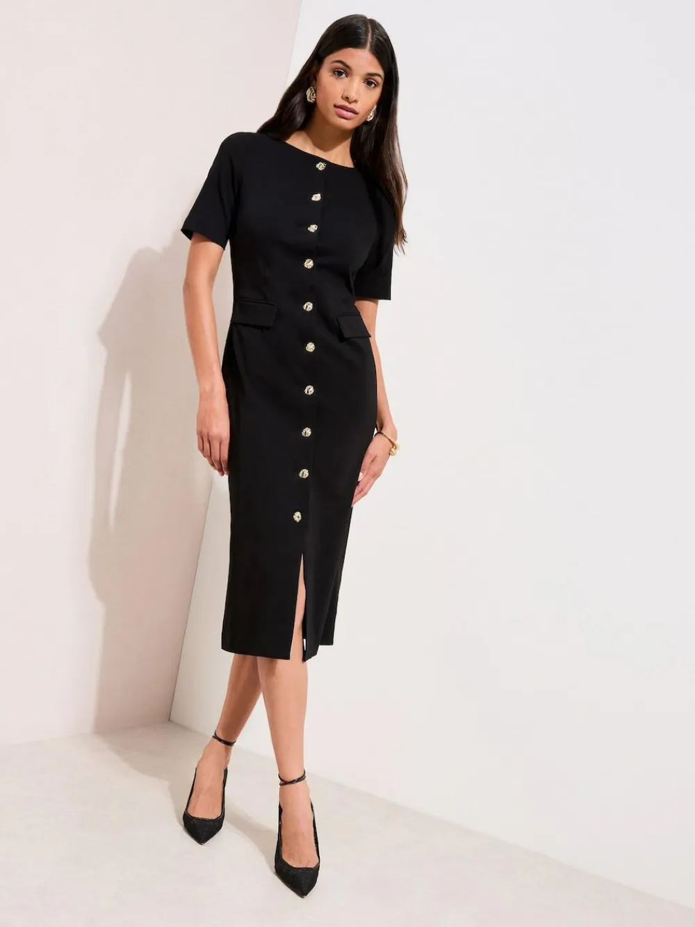 Clearance Friends Like These Sculpting Stretch Button Midi Dress Black