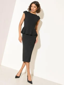 Friends Like These Black Cap Sleeve Peplum Waist Midi Dress^Women Midi Dresses