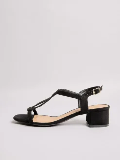 Friends Like These Black Standard Fit Low Block Heels T-Bar Strap Faux Leather Sandals^Women Heels
