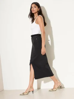 Discount Friends Like These Petite Split Front Denim Midi Skirt Black