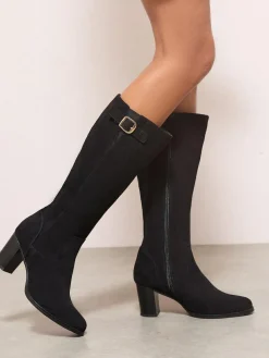 Friends Like These Standard fit Standard / Wide Fit Faux Suede Mid Heel Buckle Smart Knee High Boots^Women Boots & Wellies|Boots