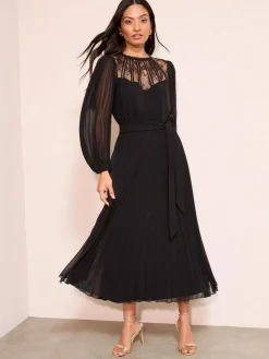 Outlet Friends Like These Petite Lace Yoke Long Sleeve Pleated Chiffon Midi Dress Black