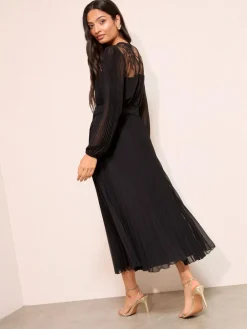 Outlet Friends Like These Petite Lace Yoke Long Sleeve Pleated Chiffon Midi Dress Black