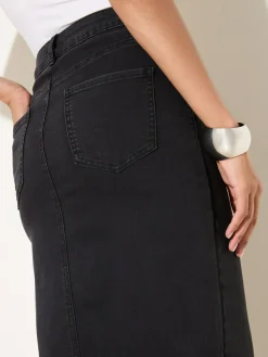 New Friends Like These Split Front Denim Midi Skirt Black