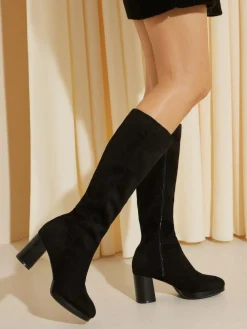 Friends Like These Black Standard fit Platform Block Heel Knee High Faux Suede Long Boots^Women Boots & Wellies|Boots