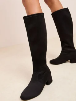 Friends Like These Wide Fit Low Block Heel Faux Suede Knee High Sock Boots Black