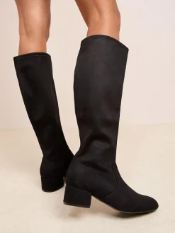 Friends Like These Wide Fit Low Block Heel Faux Suede Knee High Sock Boots Black