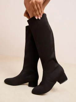 Friends Like These Wide Fit Low Block Heel Faux Suede Knee High Sock Boots Black
