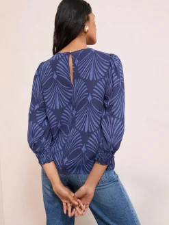 Best Friends Like These 3/4 Sleeve Shirred Cuff Blouse Blue Fan Print