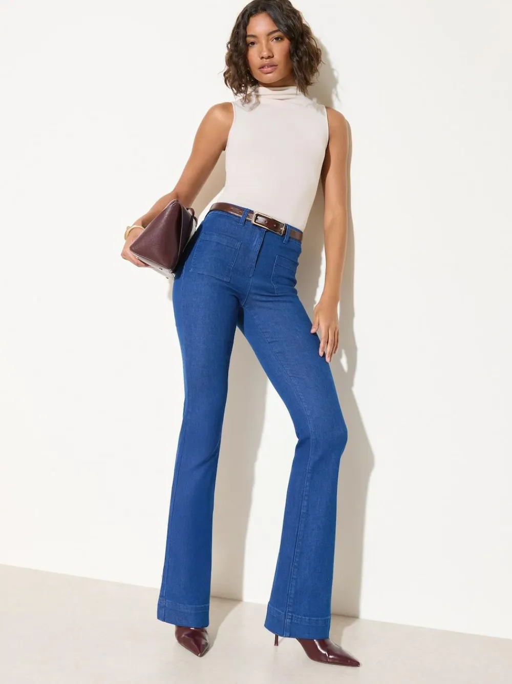 Sale Friends Like These Petite High Waist Pocket Flare Jeans Blue