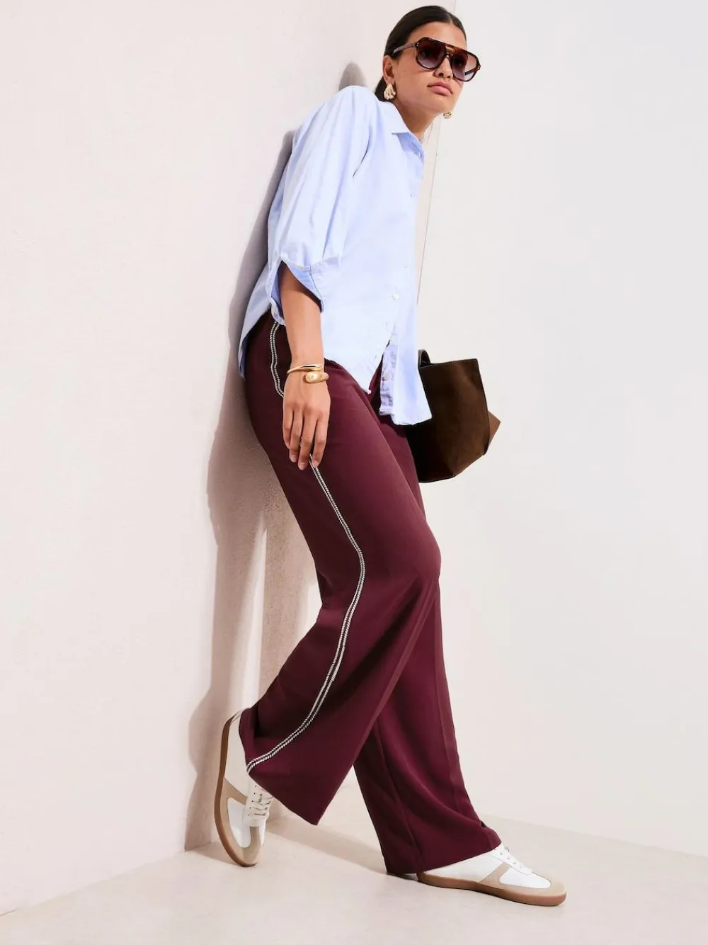 Online Friends Like These Petite Crochet Trim Wide Leg Trousers Burgundy Red