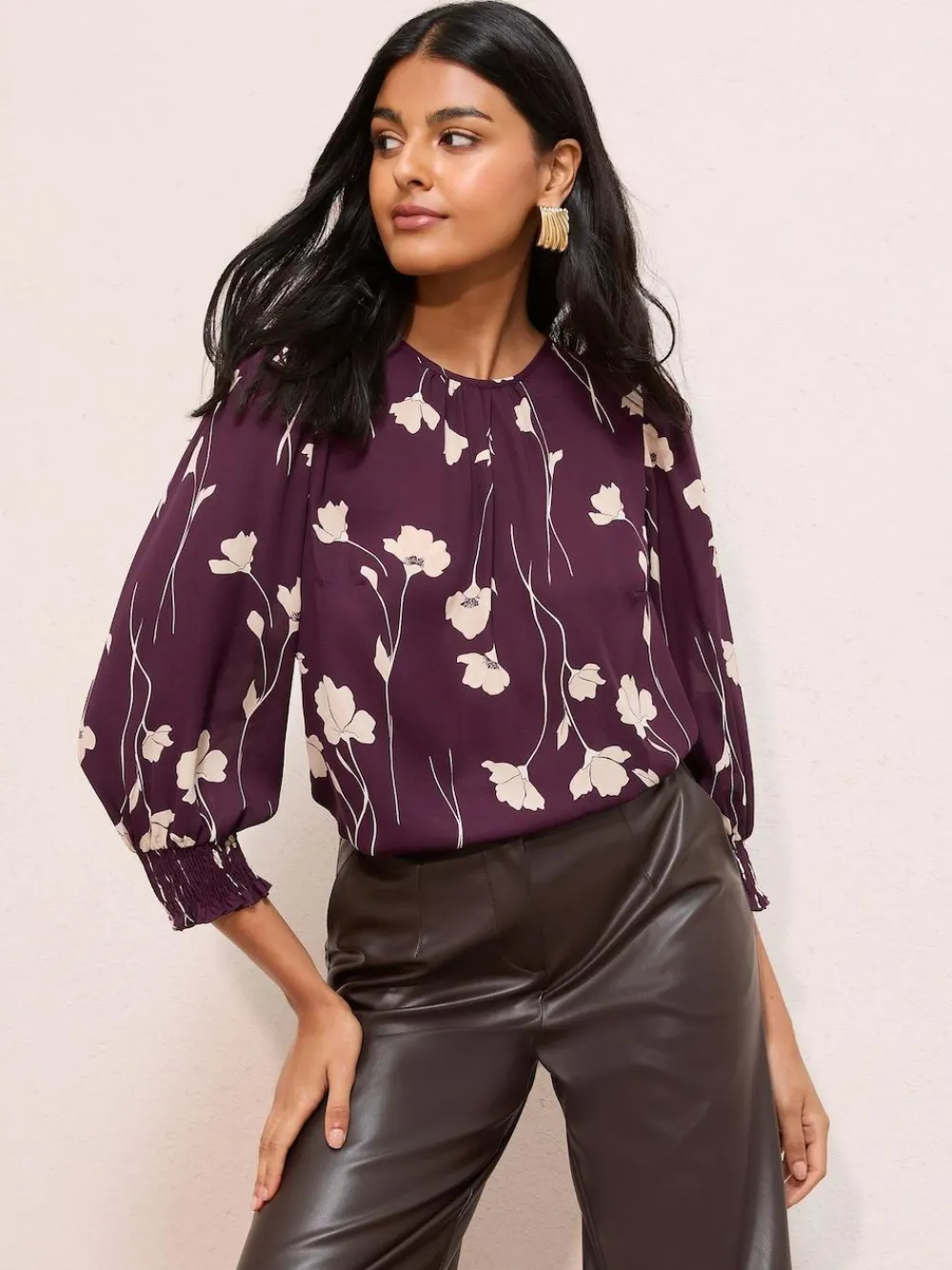 Friends Like These 3/4 Sleeve Shirred Cuff Blouse Burgundy Floral Print