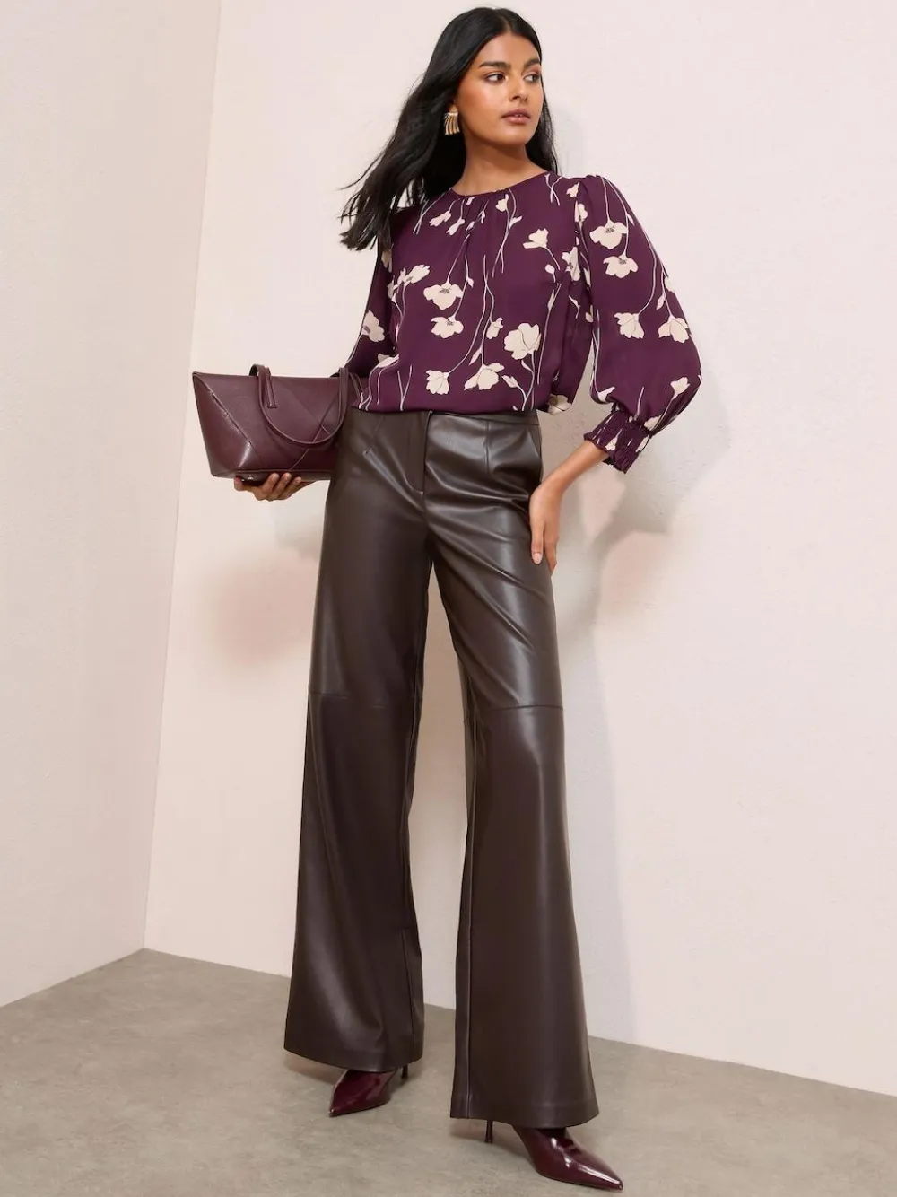 Friends Like These 3/4 Sleeve Shirred Cuff Blouse Burgundy Floral Print