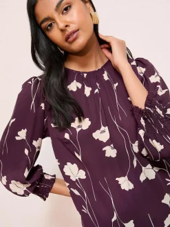 Friends Like These 3/4 Sleeve Shirred Cuff Blouse Burgundy Floral Print