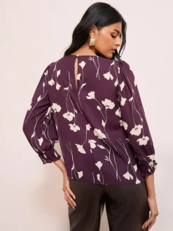 Friends Like These 3/4 Sleeve Shirred Cuff Blouse Burgundy Floral Print
