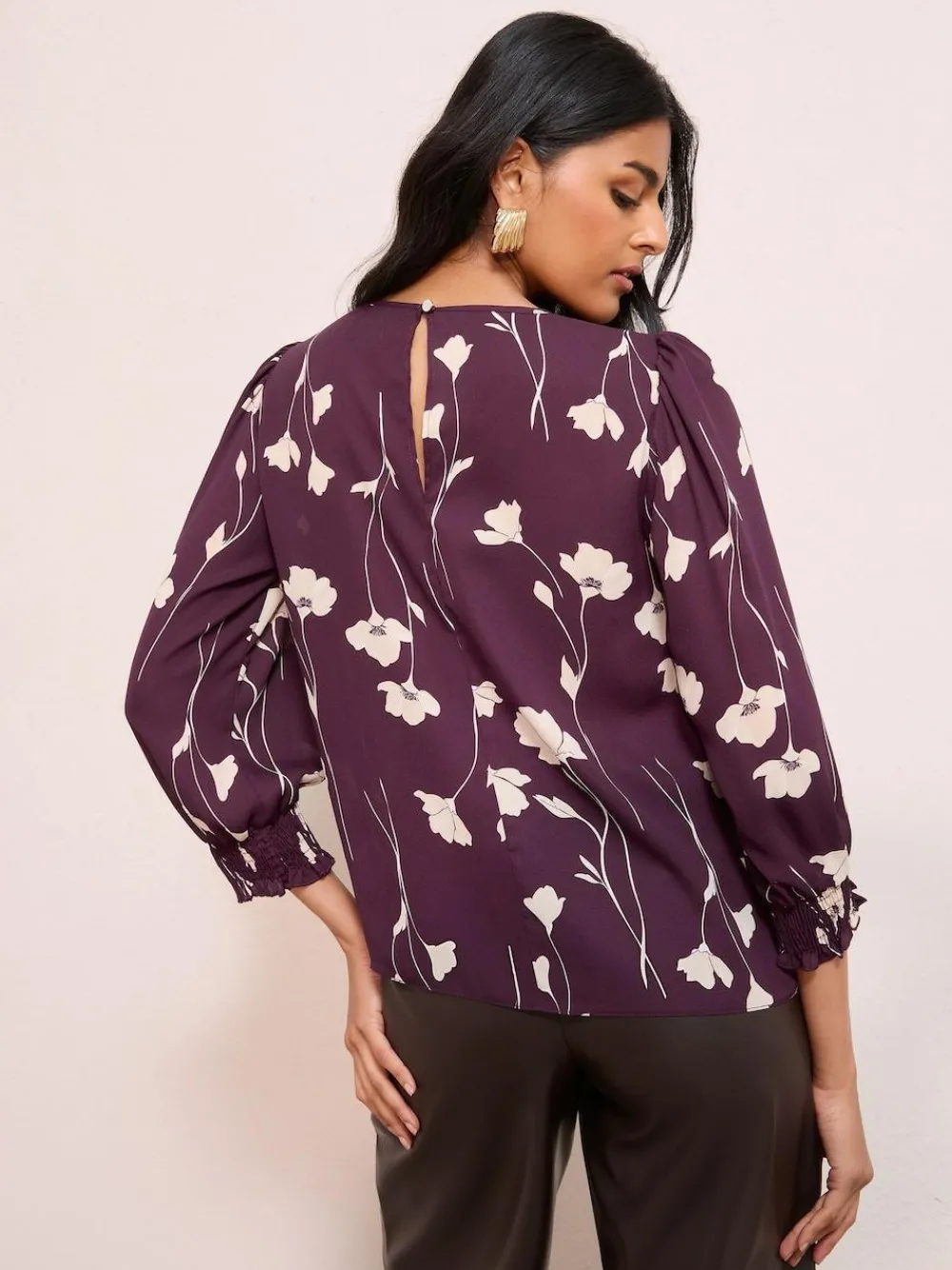 Friends Like These 3/4 Sleeve Shirred Cuff Blouse Burgundy Floral Print