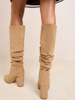 Friends Like These Standard fit Ruched Block Heel Knee High Long Faux Suede Boots^Women Boots & Wellies|Boots