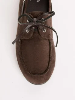 Clearance Friends Like These Slim Lace-Up Comfort Faux Suede Boat Shoe Loafers Chocolate Brown