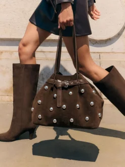 Friends Like These Chocolate Brown Faux Suede Studded Tote Bag^Women Bags