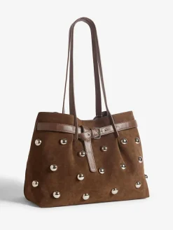 Friends Like These Chocolate Brown Faux Suede Studded Tote Bag^Women Bags