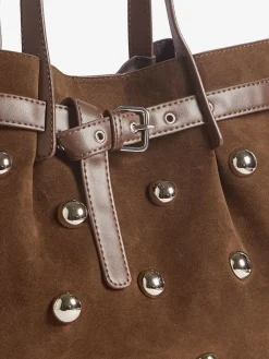 Friends Like These Chocolate Brown Faux Suede Studded Tote Bag^Women Bags