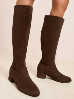 Discount Friends Like These Wide Fit Low Block Heel Faux Suede Knee High Sock Boots Chocolate Brown