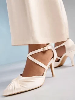 New Friends Like These Cream Satin Twist Detail Cross Strap Mid Heel Bridal Court Shoe