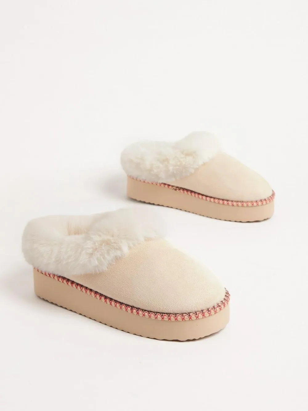 Friends Like These Faux Fur Cuff Embroidered Tape Nightwear Mule Slippers^Women Slippers