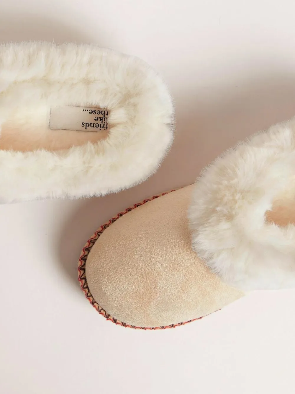 Friends Like These Faux Fur Cuff Embroidered Tape Nightwear Mule Slippers^Women Slippers
