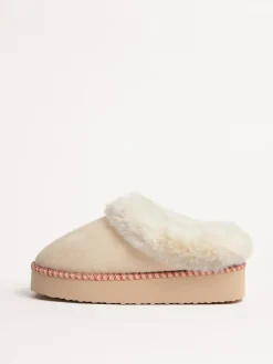 Friends Like These Faux Fur Cuff Embroidered Tape Nightwear Mule Slippers^Women Slippers
