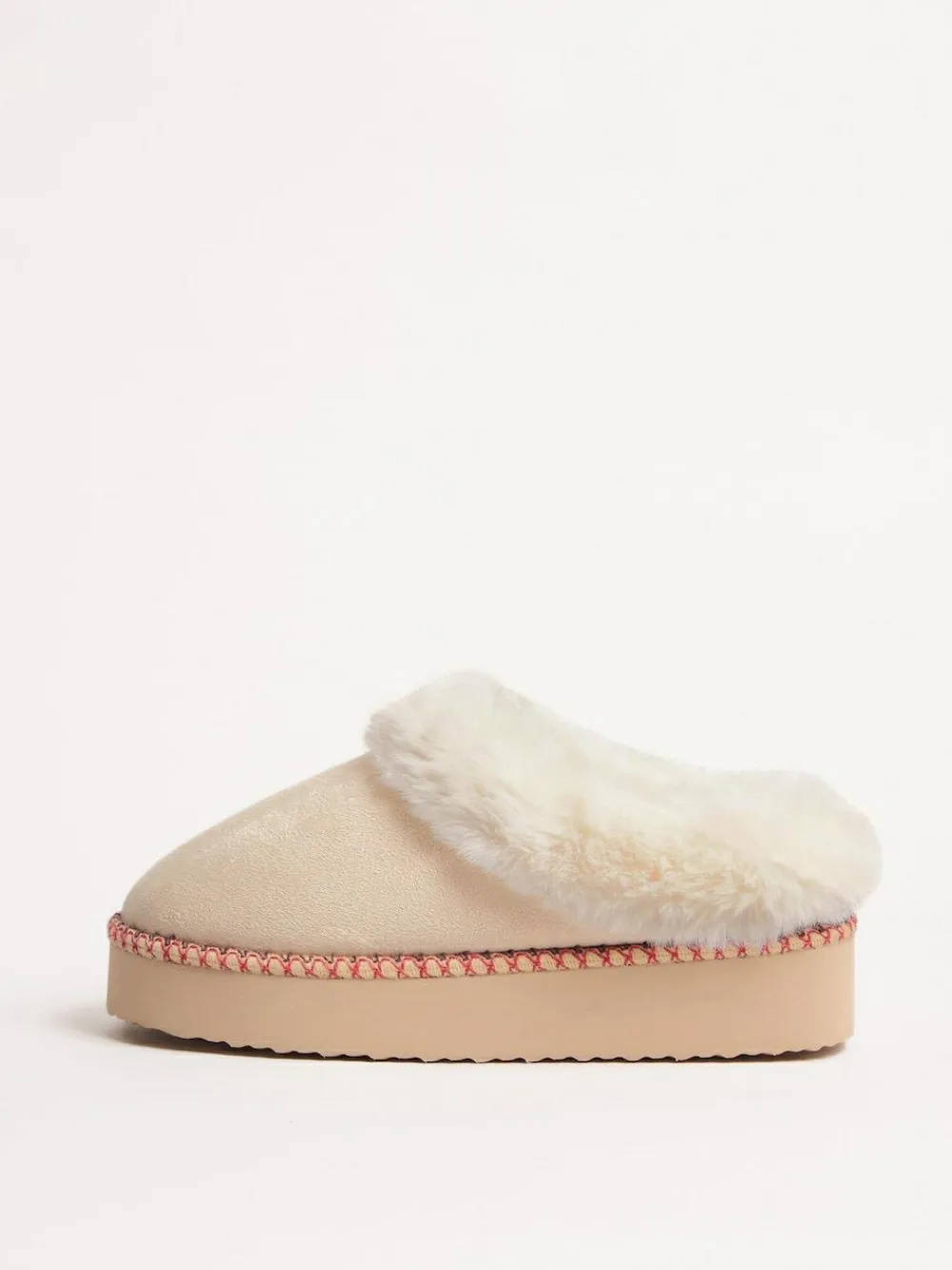 Friends Like These Faux Fur Cuff Embroidered Tape Nightwear Mule Slippers^Women Slippers