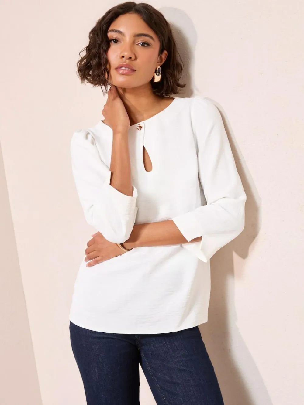 Friends Like These 3/4 Sleeve Keyhole Front Hardware Detail Blouse^Women Blouses & Shirts