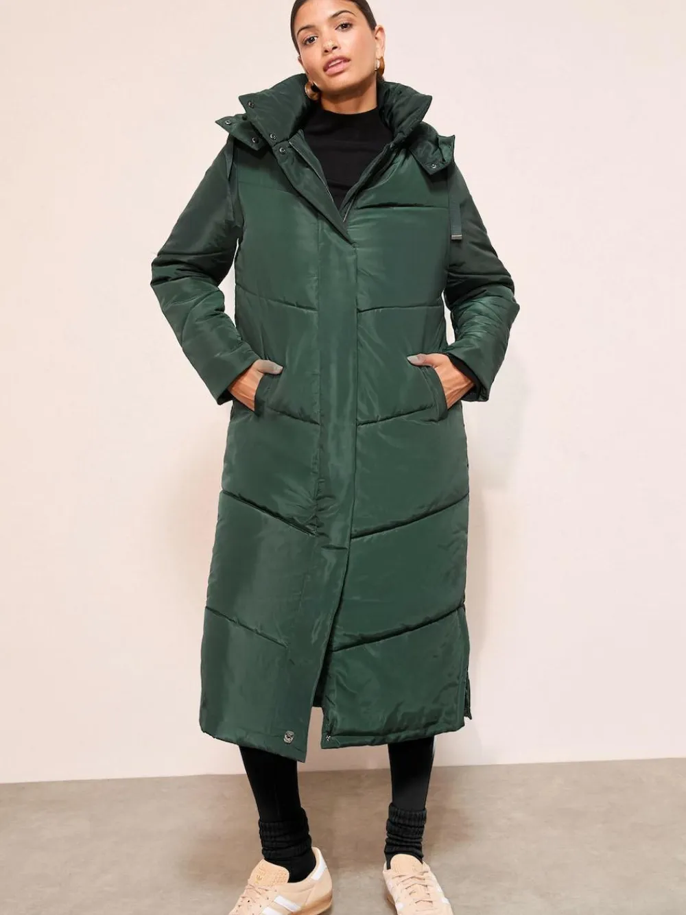 Best Friends Like These Long Line Hooded Padded Coat Green