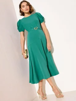 Hot Friends Like These Ruched Short Sleeve Belted Midi Dress Green
