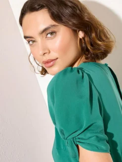 Hot Friends Like These Ruched Short Sleeve Belted Midi Dress Green