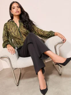 Friends Like These Green Floral Print Collarless Long Sleeve Chiffon Blouse^Women Blouses & Shirts