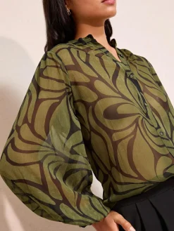 Friends Like These Green Floral Print Collarless Long Sleeve Chiffon Blouse^Women Blouses & Shirts