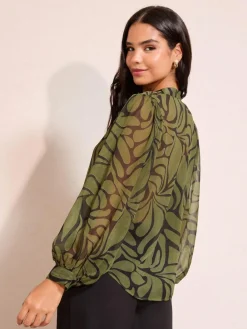 Friends Like These Green Floral Print Collarless Long Sleeve Chiffon Blouse^Women Blouses & Shirts