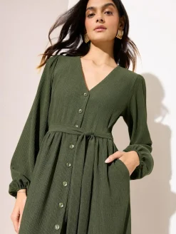 Outlet Friends Like These Long Sleeve Tie Waist Button Up Textured Midi Dress Khaki Green