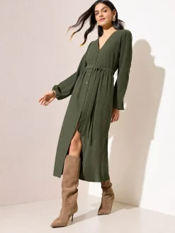 Outlet Friends Like These Long Sleeve Tie Waist Button Up Textured Midi Dress Khaki Green