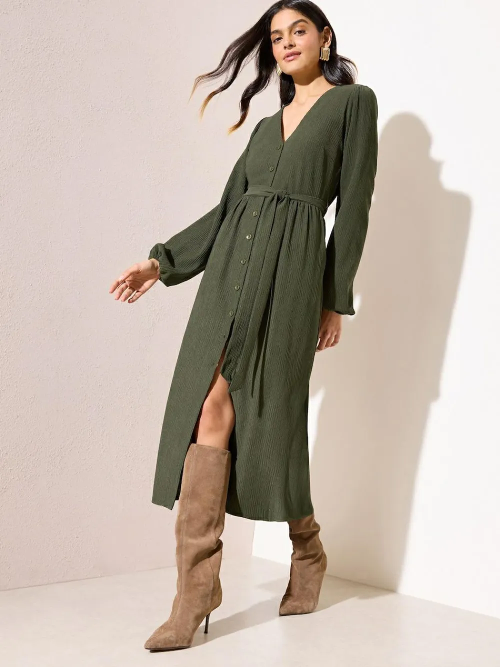 Outlet Friends Like These Long Sleeve Tie Waist Button Up Textured Midi Dress Khaki Green