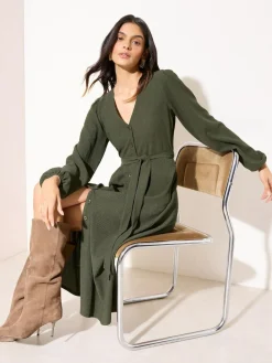 Outlet Friends Like These Long Sleeve Tie Waist Button Up Textured Midi Dress Khaki Green