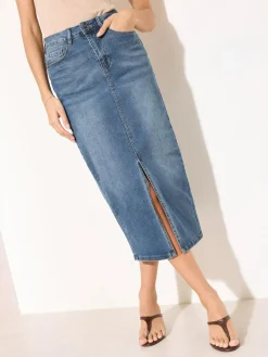 Clearance Friends Like These Split Front Denim Midi Skirt Mid Blue
