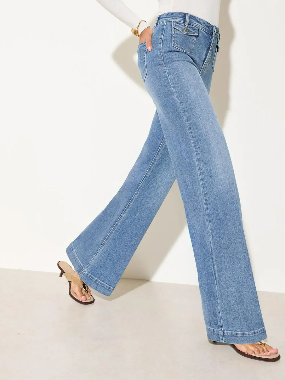 Online Friends Like These Petite Pocket Tailored Wide Leg Jeans Mid Blue Denim