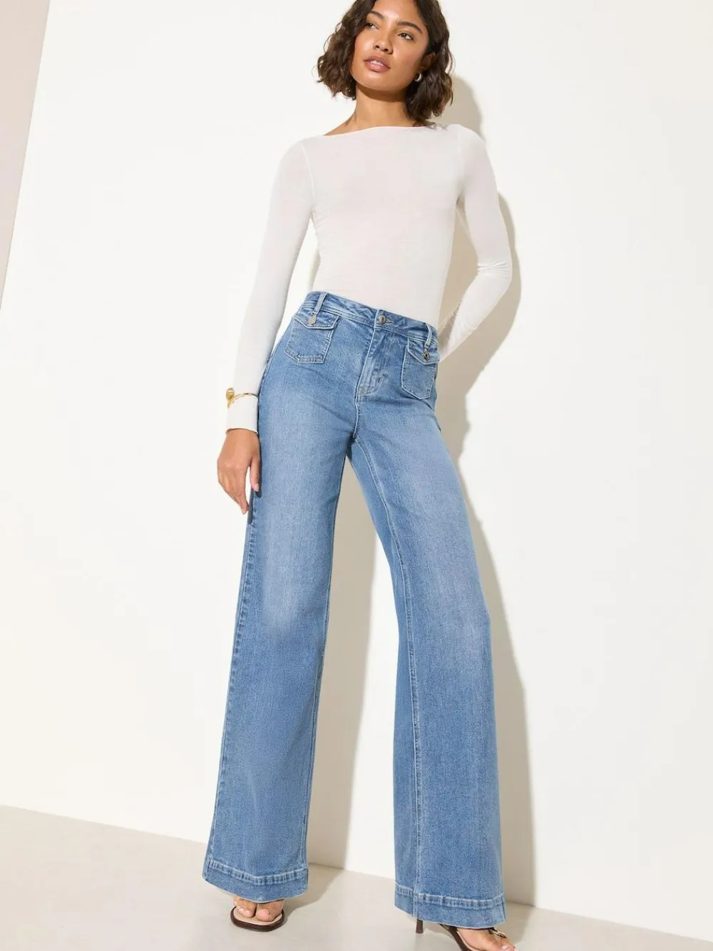 Online Friends Like These Petite Pocket Tailored Wide Leg Jeans Mid Blue Denim
